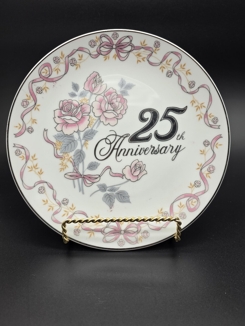 Vintage Cameron Japan 25th Anniversary Decorative Plate Pink Roses Silver Rim